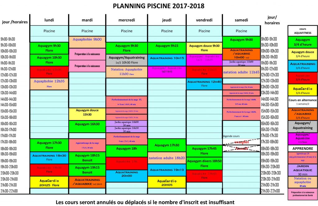planning piscine 2017 2018 Art fit santé
