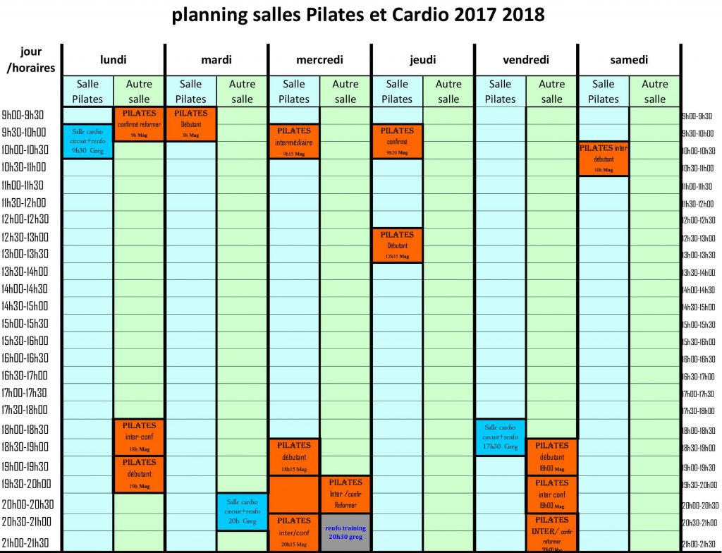 planning salles cardio pilates 2017 2018 Art fit santé
